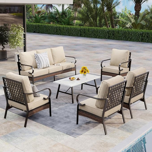MIXPATIO Patio Furniture Set with Coffee Table, Outdoor Conversation Set with 4 x Fixed Chairs, 1 x 3-Seat Sofa for Lawn Garden Backyard, Beige