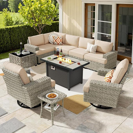 Weaxty 10 Pieces Outdoor Patio Furniture Set with Swivel Rocking Chair, Outdoor Sectional Sofa Couch Wicker Modular Patio Conversation Set w/42 Fire Pit and Coffee Side Table,Beige