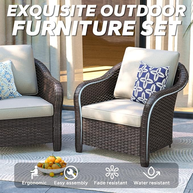 Outdoor Chairs with Side Table, Patio Wicker Chairs, Outside Conversation Furniture Set with Washable Cushions for Sunroom, Gazebo, Poolside (Beige)