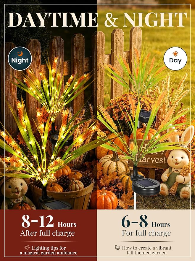 GIGALUMI 3 Pack Solar Wheats Outdoor Fall Decor, 2 Modes, Yellow | Flower Lights, IP65 Waterproof, Auto On/Off, Solar Powered, Garden Decor, for Pathway, Yard, Patio, Gardening Gifts for Women
