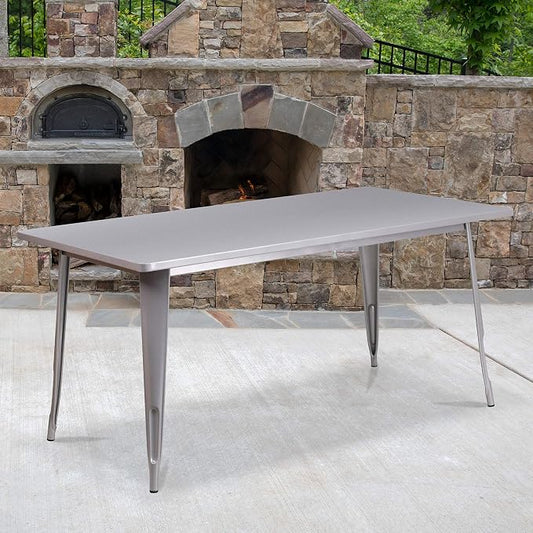 EMMA + OLIVER Commercial Grade 31.5" x 63" Rectangular Silver Metal Indoor-Outdoor Table