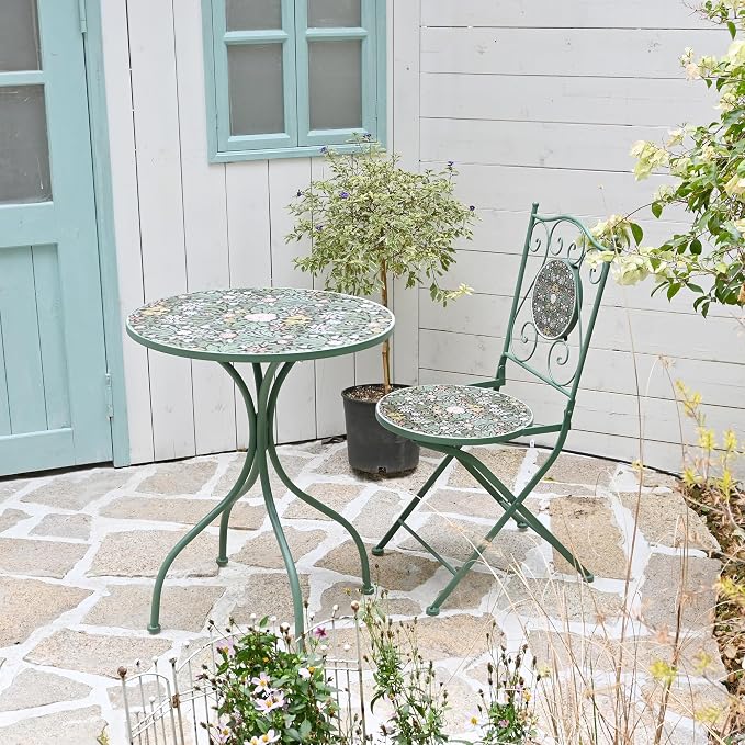 Rustic Outdoor Metal Side Table 24in Patio Bistro Mosaic Patterned Design Ceramic Tile Top Round Table Garden Furniture Dining Table for Yard Balcony Porch Poolside Terrace Decor