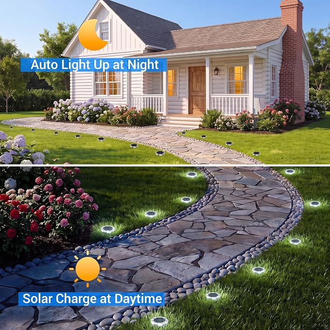 Solar Lights Outdoor Waterproof, 8 Pack Solar Powered Ground Lights Outdoor, IP68 Waterproof, Anti-Rust, Solar Garden Lights Landscape Lighting for Pathway Yard Lawn Walkway Driveway,Cool White