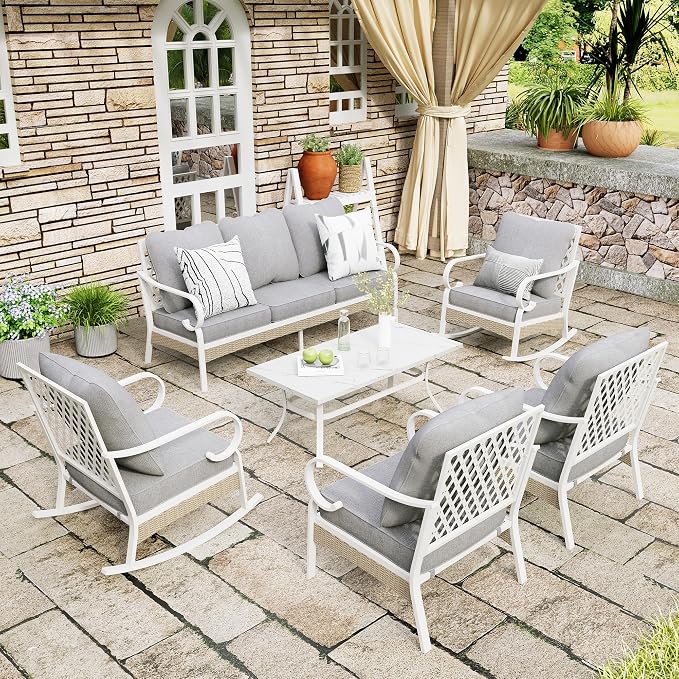 MIXPATIO 6 Piece Patio Furniture Set, 2 x Fixed Chair, 2 x Rocking Chair, 1 x 3-Seat Sofa with Marbling Coffee Table, 7 Seats Outdoor Conversation Set for Lawn Garden Backyard, Light Gray