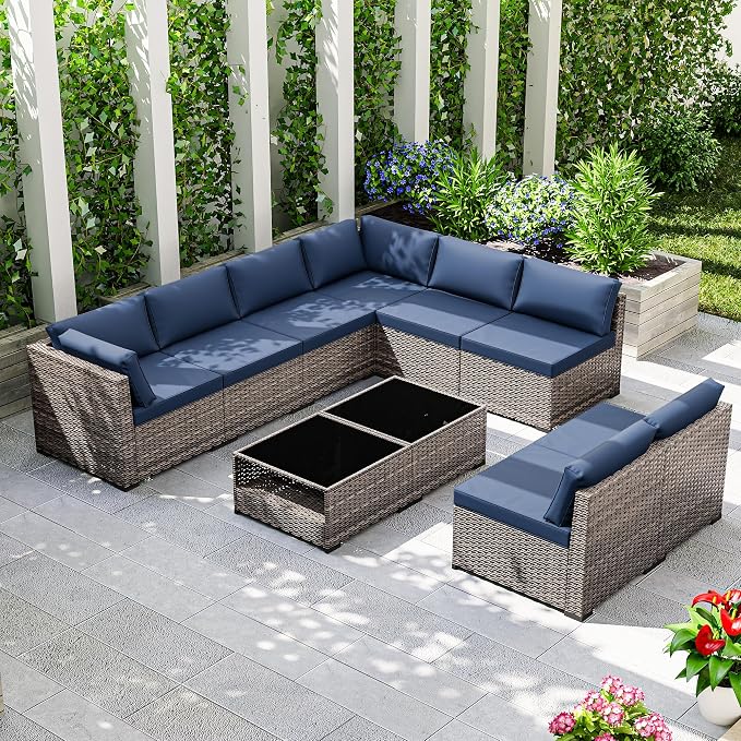 Joyside 10-Piece Patio Furniture Set, Rattan Outdoor Sectional Wicker Patio Conversation Set with Cushions and Coffee Table