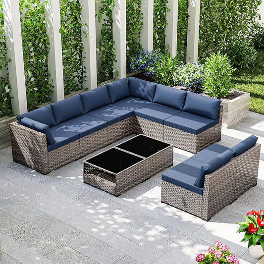 Joyside 10-Piece Patio Furniture Set, Rattan Outdoor Sectional Wicker Patio Conversation Set with Cushions and Coffee Table