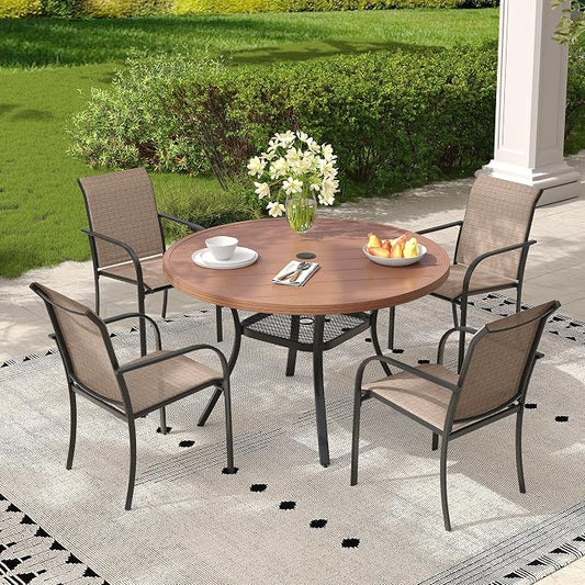 5 Pieces Outdoor Dining Set, Stackable Textilene Paito Chairs & 40.6" Round Dining Table with Umbrella Hole and Shelf, Patio Dining Set for Backyard, Deck, Garden, Brown & Walnut