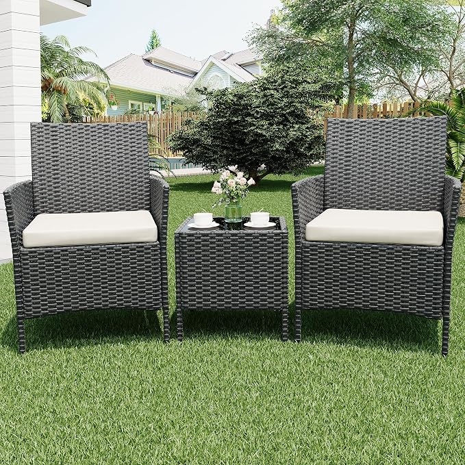 GarveeLife 3 Piece Patio Furniture Set, Rattan Outdoor Furniture with 2 Chairs & Coffee Table, Modern Outdoor Seating Conversation Bistro Set for Garden Backyard Porch (Black and Beige)