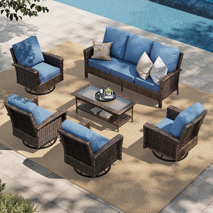 HERA'S HOUSE Patio Furniture Set, 6 Pieces Outdoor Wicker Conversation Sets, 4 x High Back Swivel Chairs with 5.5" Thick Cushions for Lawn Deck Backyard, Peacock Blue