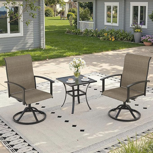 3 Pieces Small Patio Dining Set, Outdoor Furniture of 18.1" Square Patio Side Table & Patio Swivel Chairs for Backyard Lawn Garden, Black Table and Mixed Brown Chairs
