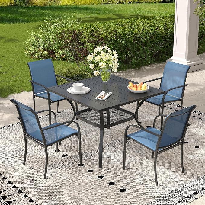 5 Pieces Outdoor Dining Set, Stackable Textilene Paito Chairs & 37.8" Square Dining Table with Umbrella Hole and Shelf, Patio Dining Set for Backyard, Deck, Garden, Dark Blue & Black