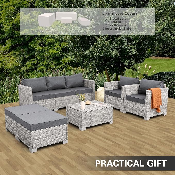 WAROOM Patio Furniture Set 6 Piece PE Rattan Outdoor Conversation Sets Grey Wicker Couch Sectional Sofa with Storage Coffee Table and Grey Cushion