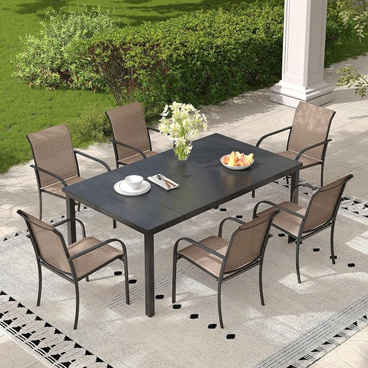 Patio Table and Chairs Set for 6, Outdoor Dining Set with 6 Stackable Dining Chairs and 63"x 37.8" Metal Steel Rectangle Dining Table for Backyard, Deck, Lawn, Garden, Brown & Black