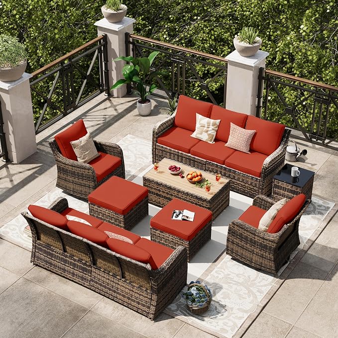 MEISSALIVVE Outdoor Patio Furniture Set with Swivel Chair, 8 Pieces Patio Conversation Set, Patio Sectional Furniture Set with 2 Three-seat Sofa, 2 Ottomans and Coffee Table (Red)