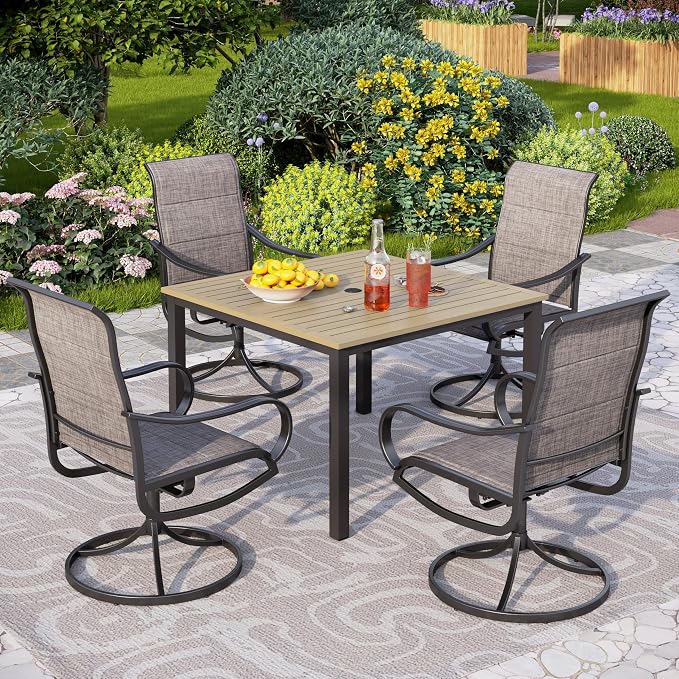 PHI VILLA 5 PCS Patio Dining Set, 4 Padded Swivel Dining Chairs & Square Brown Metal Slat Table Top with 1.57" Umbrella Hole, Outdoor Table and Chairs for All Weather