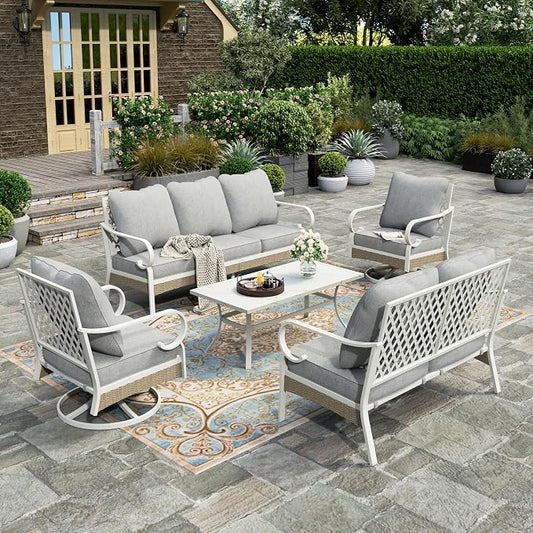 HERA'S HOUSE 5 Piece Metal Patio Furniture Set, 7 Seats All Weather Outdoor Conversation Set, 3 Seat Sofa with Loveseat, 2 Swivel Chairs, Coffee Table for Backyard, Garden, Deck, White/Grey
