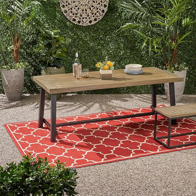 Merax 79" Rectangular Outdoor Dining Table Acacia Wood Tabletop and Black Metal Leg, Modern Industrial Style Patio Dining Table