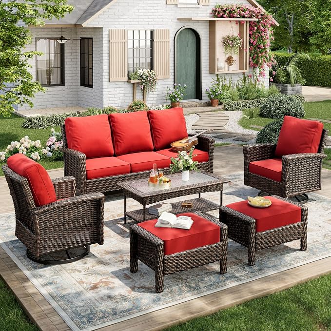 MIXPATIO 6-Piece Wicker Patio Furniture Set with Swivel Chairs, High Back Outdoor Furniture with 5.5-inch Thick Cushion and Ottoman, All-Weather Wicker Patio Conversation Set for Deck Yard Pool, Red
