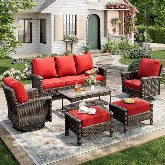 MIXPATIO 6-Piece Wicker Patio Furniture Set with Swivel Chairs, High Back Outdoor Furniture with 5.5-inch Thick Cushion and Ottoman, All-Weather Wicker Patio Conversation Set for Deck Yard Pool, Red