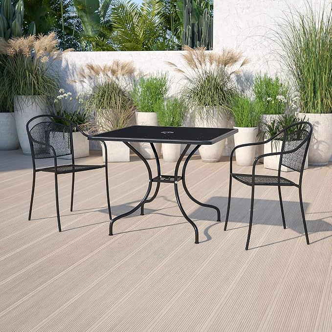 EMMA + OLIVER Commercial Grade 35.5" SQ Black Indoor-Outdoor Steel Patio Table-Umbrella Hole