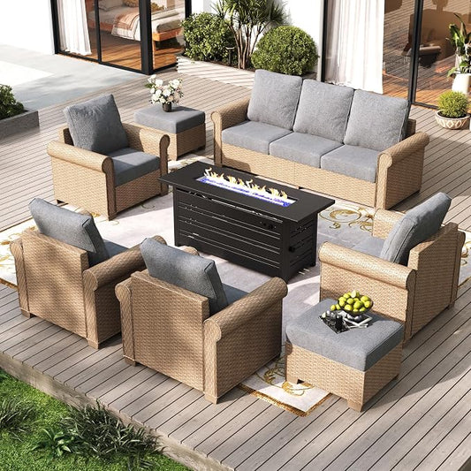 Patio Furniture Set 8 pcs, Wicker Rattan Outdoor Furniture with 5.5” Thick Cushions, 3-Seat Sofa, 4 Chairs, 2 Ottomans and 56" Fire Pit Table, Outdoor Conversation Set for Backyard Deck, 9 Seats Grey