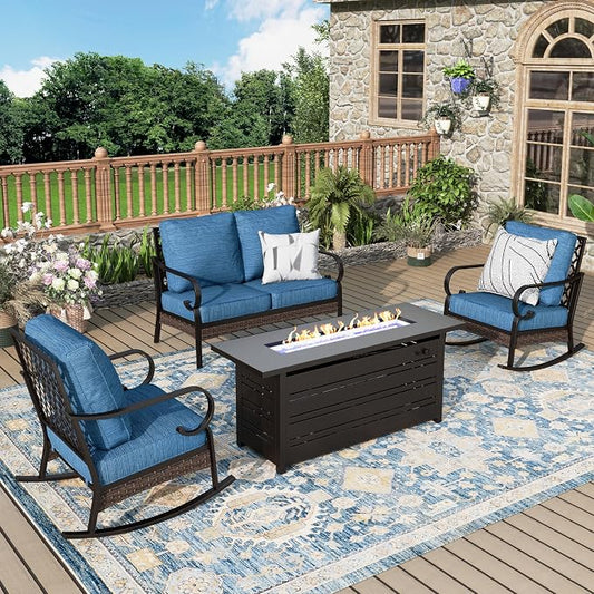 MIXPATIO Patio Furniture Set with Fire Pit Table, 4 PCS Metal Outdoor Conversation Set with 5.75'' Extra Thick Cushion, 2 Rocking Chairs, Loveseat Sofa and Gas Fire Pit Table, Pacific Blue