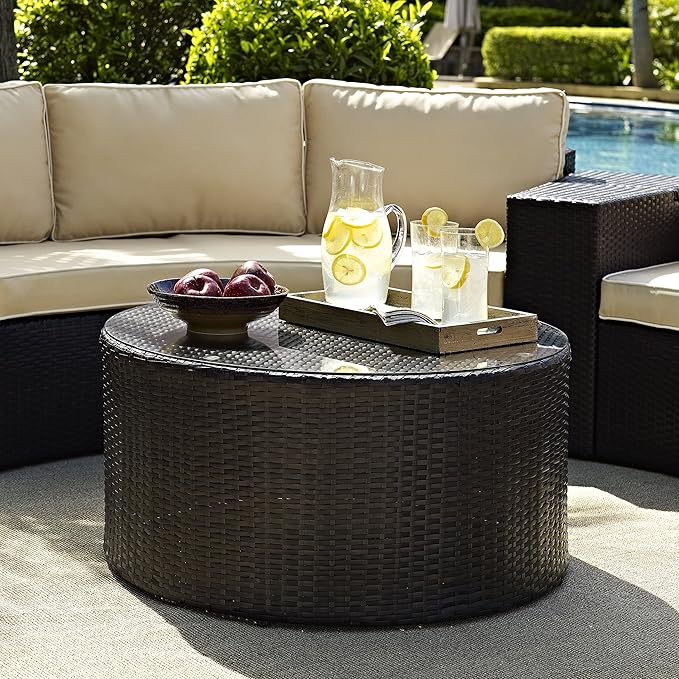 Crosley Furniture Catalina All Weather Rattan Wicker Outdoor Round Coffee Table for Patio, Deck, Porch, Brown