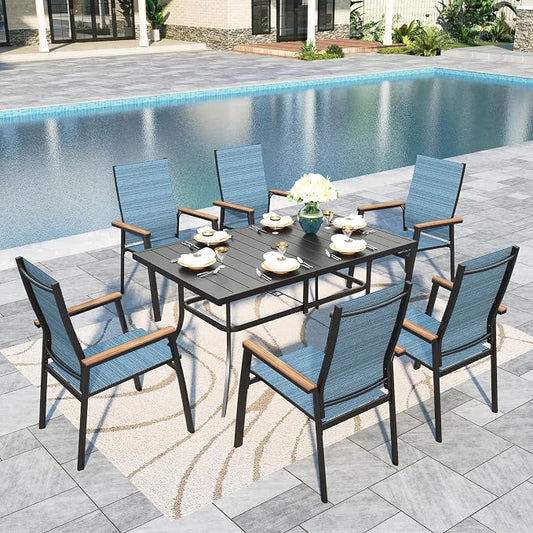 Sophia & William Outdoor Dining Set 7 Pieces, 6 Aluminum Stackable Chair for Space-Saving and 59" x 35" Patio Dining Table, Easy to Move for Outdoor Garden Lawn (Blue)