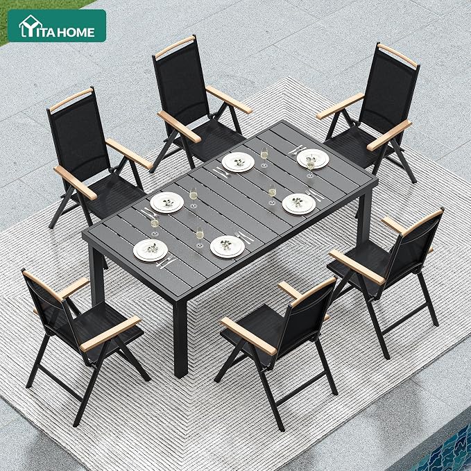 YITAHOME Aluminum Patio Dining Table for 6, 55" Outdoor Dining Table, E-Coated Rectangular Patio Table for Backyard Garden Lawn, Black