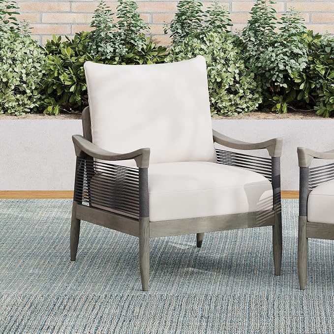 Merax Acacia Wood Patio Club Chair, Woven Rope Armchair with Cushion | Acacia wood frame, woven rope design, thick water-repellent cushion and deep seating for porch, garden, backyard or balcony