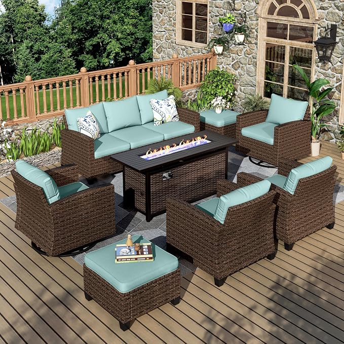 MIXPATIO Swivel Glider Patio Furniture Set, 8 Pcs Wicker Rattan Outdoor Conversation Set, 2 x Swivel Chairs, 2 x Leg Chairs, 1 x 3 Seater Sofa and 2 x Ottomans and 56" Fire Pit Table, Blue