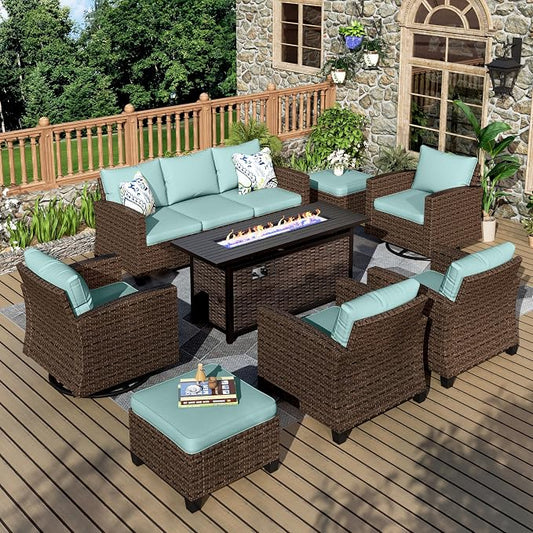 MIXPATIO Swivel Glider Patio Furniture Set, 8 Pcs Wicker Rattan Outdoor Conversation Set, 2 x Swivel Chairs, 2 x Leg Chairs, 1 x 3 Seater Sofa and 2 x Ottomans and 56" Fire Pit Table, Blue