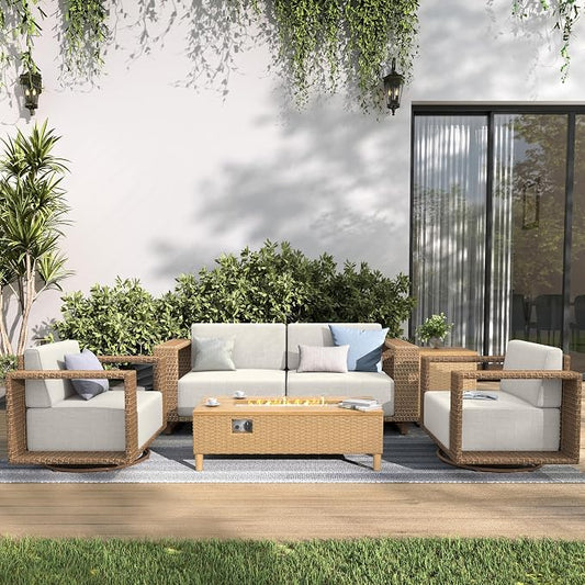 SUNSHINE VALLEY Patio Furniture Set with Swivel Chairs & Firepit, 5 Pieces Outdoor Wicker Conversation Set with 10" Thick Cushions for Deck Lawn Garden Backyard