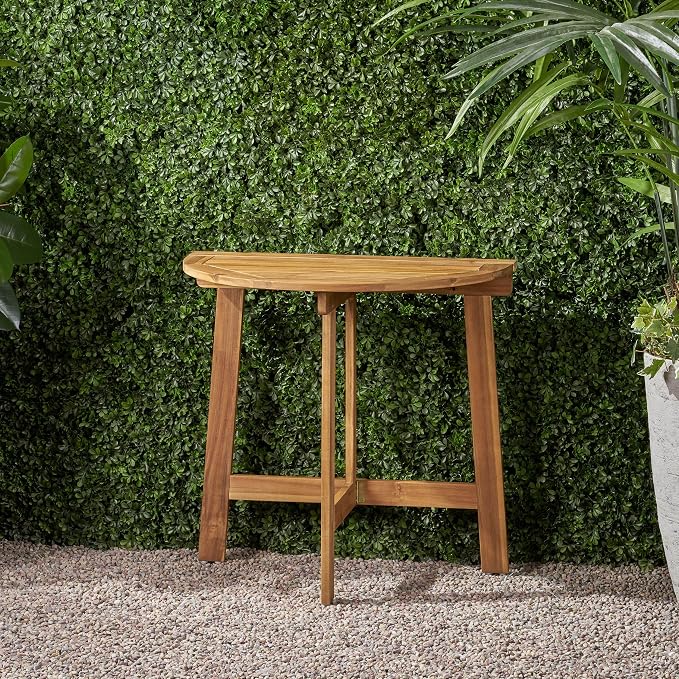 Outdoor Foldable Acacia Bistro Table, Half-Round Wall-Mounted Patio Dining Set, Natural Finish