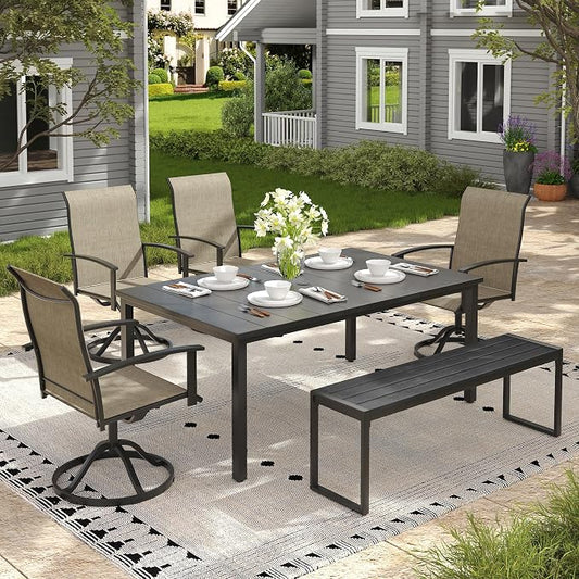 6 Pieces Patio Dining Set with Outdoor Bench, 63" Rectangular Patio Dining Table and Swivel Chairs for 6-7 People, Outdoor Furniture Set for Garden Deck, Mixed Brown & Black