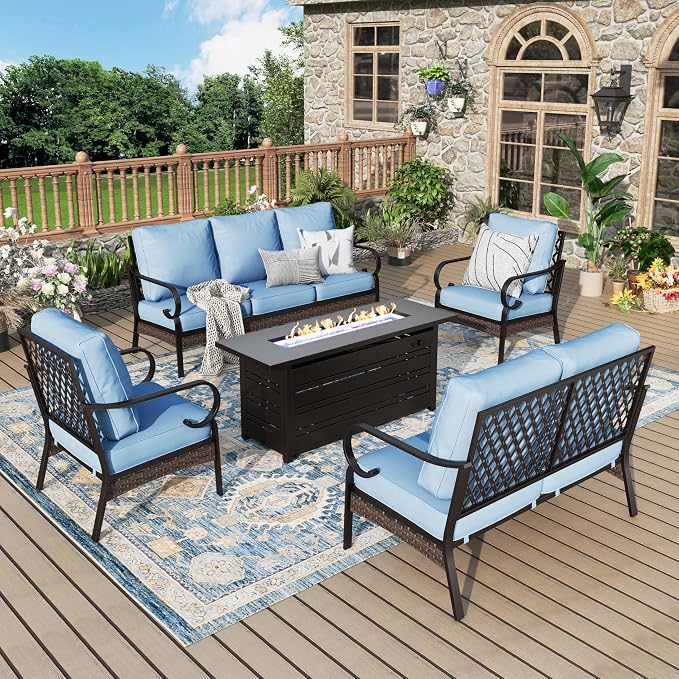 MIXPATIO Patio Furniture Set with Fire Pit Table, 5PCS Metal Outdoor Conversation Set with 2 x Fixed Chairs, 1 x Loveseat, 1 x 3-Seat Sofa and Gas Fire Pit Table for Lawn Garden Backyard, Blue