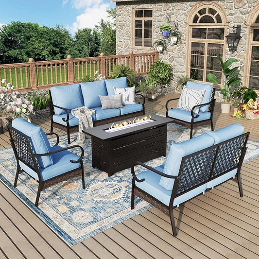 MIXPATIO Patio Furniture Set with Fire Pit Table, 5PCS Metal Outdoor Conversation Set with 2 x Fixed Chairs, 1 x Loveseat, 1 x 3-Seat Sofa and Gas Fire Pit Table for Lawn Garden Backyard, Blue