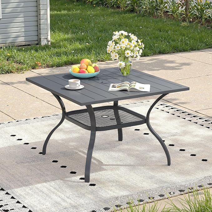 Outdoor Dining Table with Adjustable Umbrella Hole, 37.8" All-Weather Square Patio Dining Table for 4, Metal Patio Table for Garden Lawn Porch Deck Yard, Dark Grey