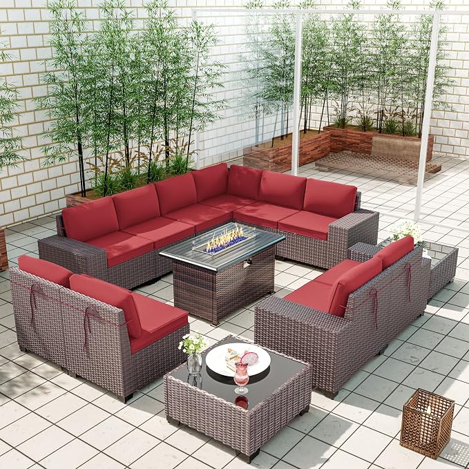 Kullavik 13 Pieces Outdoor Patio Furniture Set with 43" 55000BTU Gas Propane Fire Pit Table PE Wicker Rattan Sectional Sofa Patio Conversation Sets,Red