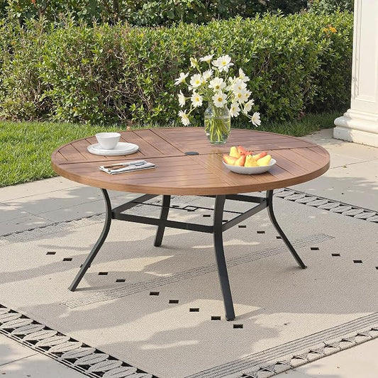 53.1" Outdoor Dining Table with Adjustable Umbrella Hole, Metal Slatted Round Patio Dining Table for Backyard Garden Deck, Walnut