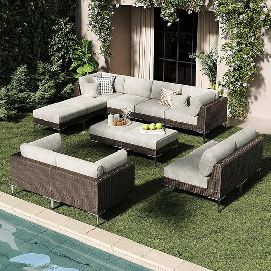 LayinSun 12-Piece Wicker Rattan Patio Furniture Set, Deep Seating Outdoor Modular Sectional Sofa Conversation Set with Thick Cushions for Lawn, Garden