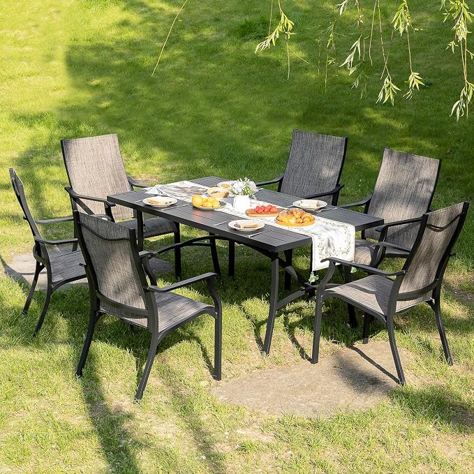 NUU GARDEN 7-Piece Patio Dining Set, Rust-Resistant Outdoor Dining Set, Include 6 Textilene Aluminum Chairs and Rectangular Dining Table with 1.6" Umbrella Hole and Aluminum Tabletop, Grayish Brown