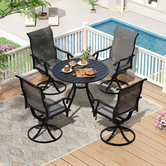 LVUYOYO 5-Piece Outdoor Patio Dining Set, Textilene Swivel Chairs & Round Table Set, All-Weather Table and Chairs Set with Umbrella Hole for Backyard, Garden,Balcony,Porch (Gray)