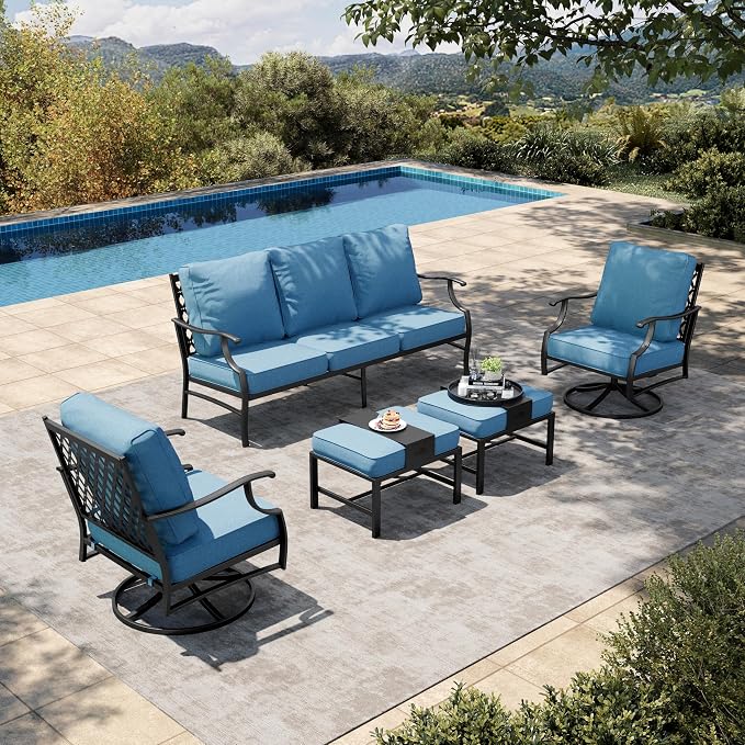 HERA'S HOUSE 5 Piece Patio Furniture Set, 2 x Swivel Chair, 2 x Ottoman, 1 x 3-Seat Sofa, All Cushioned 7 Seats Metal Outdoor Conversation Set for Lawn Garden Backyard