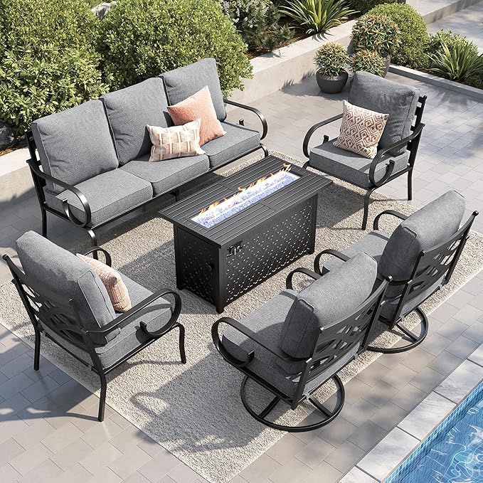 PHI VILLA Patio Furniture Set, 3-Seater Sofa, 2 Fixed Chairs, 2 Swivel Chairs and a 45" Fire Pit Table, Outdoor Metal Conversation Set with 5.75" Extra Thick Cushion for Garden Backyard Deck, Grey