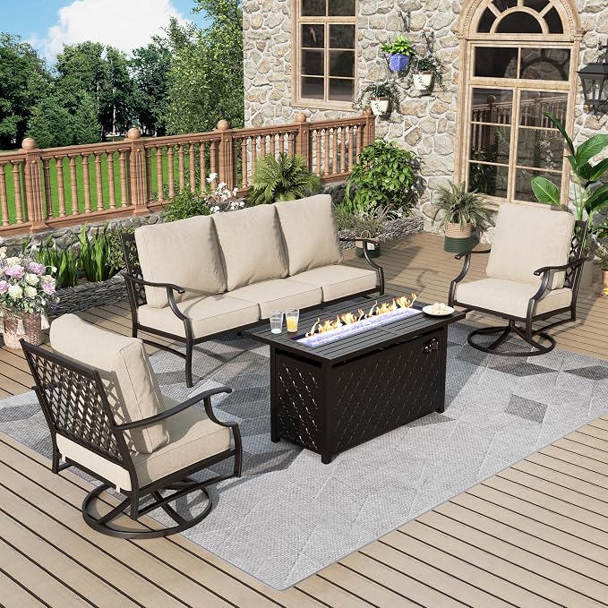 MIXPATIO Patio Furniture Set with Firepit Table, 4 Pcs Metal Outdoor Conversation Set, 2 Swivel Chairs and 3 Seater Sofa with 5.75" Extra Thick Cushion and Gas Fire Pit Table for Backyard Deck, Beige