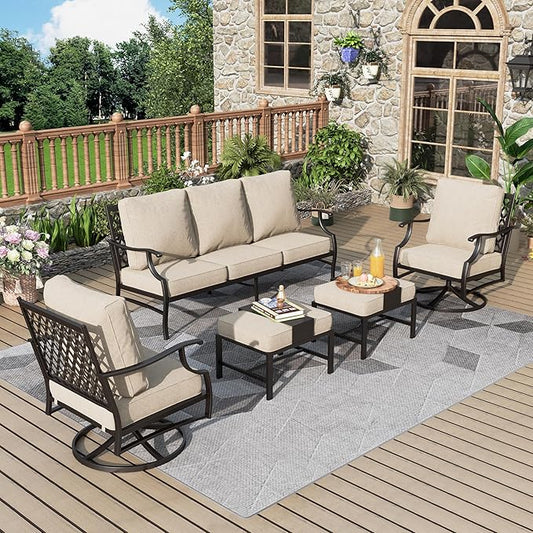MIXPATIO Patio Furniture Set 5 pcs, Outdoor Patio Furniture, 3-Seat Sofa, 2 Swivel Chairs, 2 Ottomans and 5.75" Extra Thick Cushion, Patio Conversation Set for Garden Backyard Deck,Beige