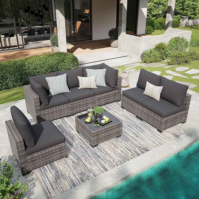 7 Pieces Outdoor Patio Furniture Set, All-Weather Sectional Sofa | Dark Grey Wicker Conversation Set with Glass Table and Cushions | PE Rattan Weaving | Ideal for Patio, Pool, Balcony