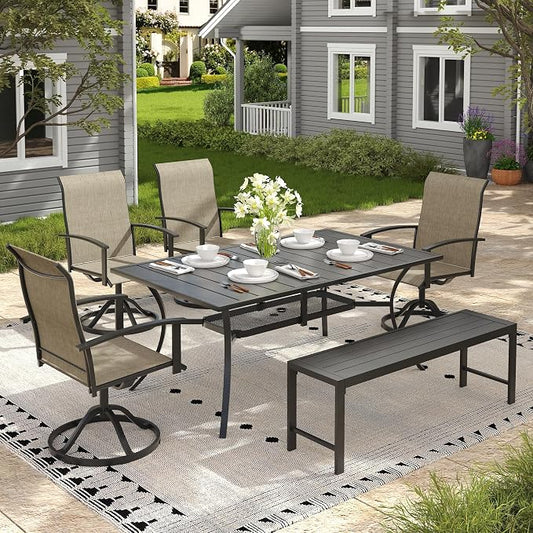 6 Pieces Patio Dining Set for 6-7 People, 59.2" Rectangular Patio Dining Table and Chairs Set with Outdoor Bench for Garden Deck, Mixed Brown & Black