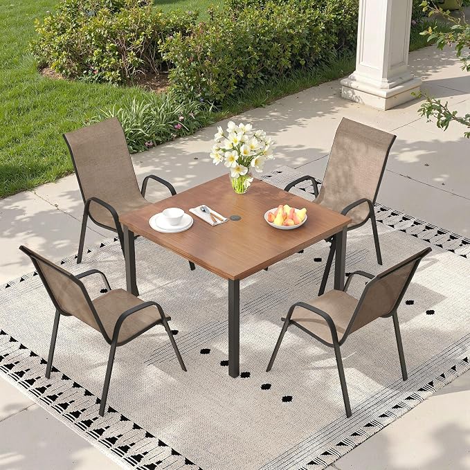 5 Pieces Outdoor Dining Set, 40.2" Square Table with Umbrella Hole & Stackable Patio Dining Chairs, Patio Table and Chairs Set for Deck Garden Porch, Brown Chairs & Walnut Table